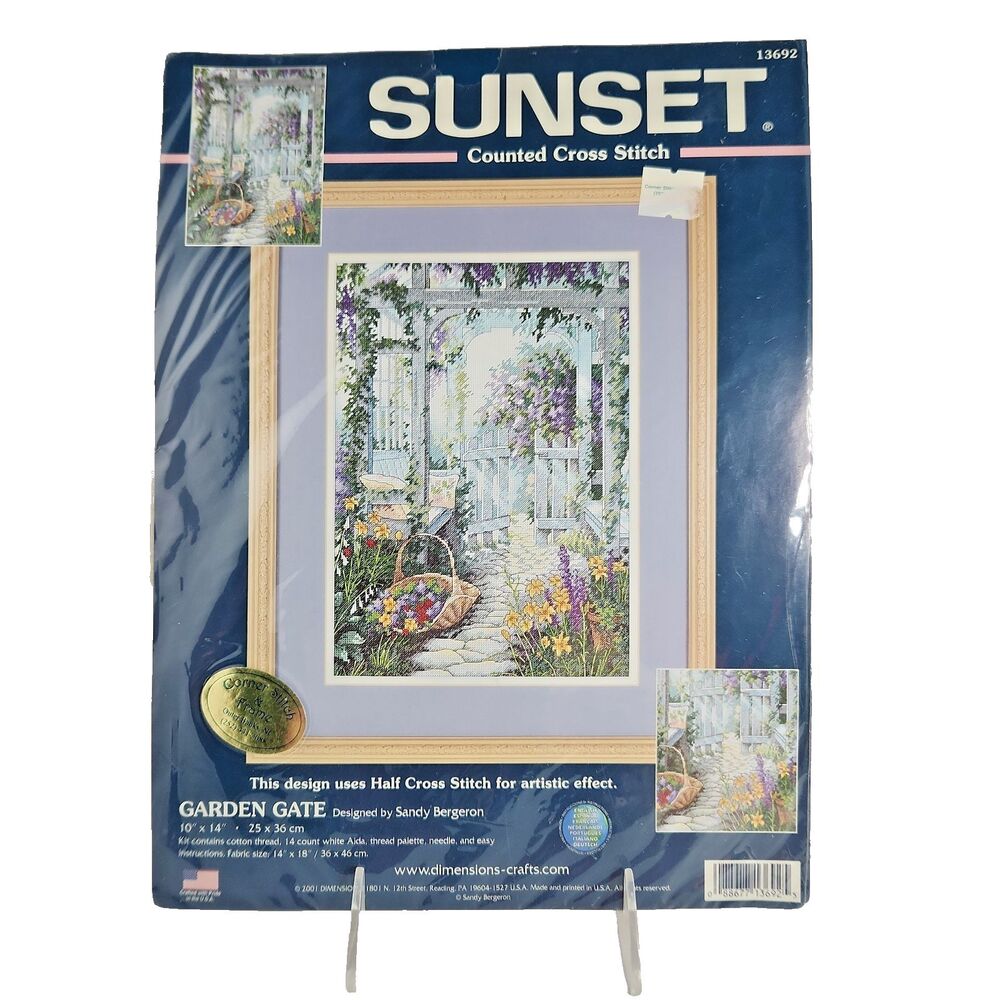 Sunset Garden Gate Cross Stitch Kit 13692 Flowers 10 x 14 NEW VTG USA Bergeron